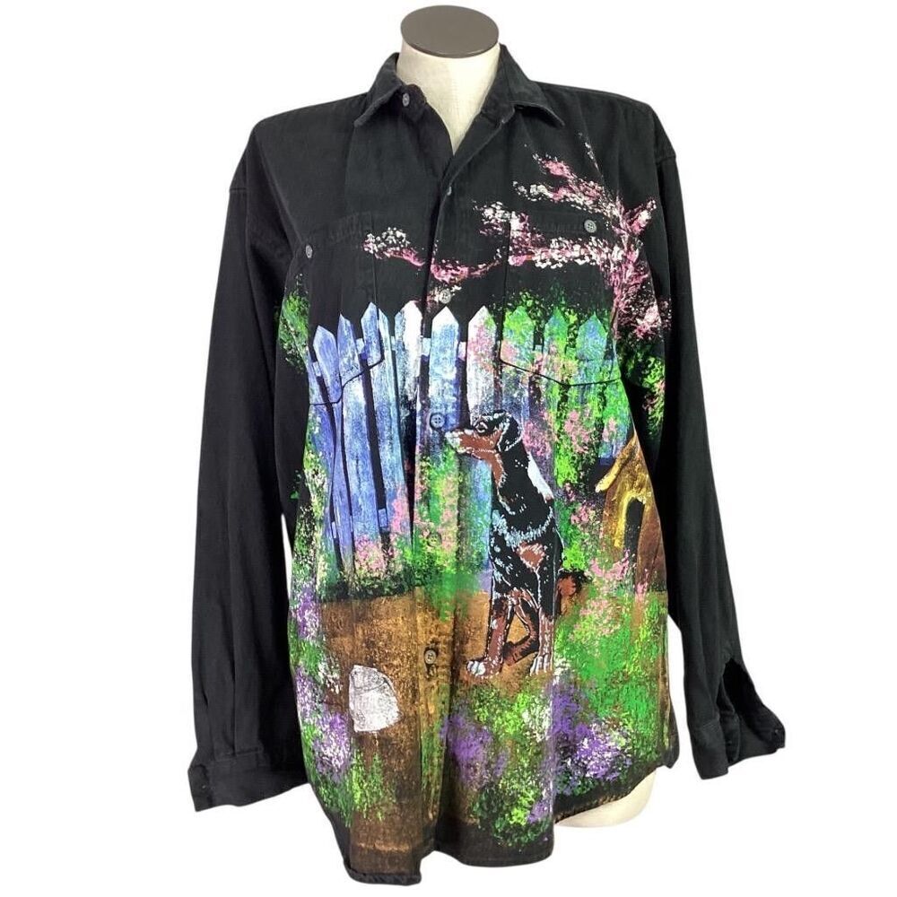 Marguerita Hand Painted Denim Shirt Women M Black Dog Garden Floral Vintage